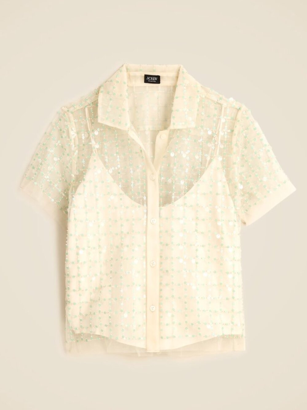 J. Crew Embellished button-up short-sleeve shirt Size 14 Sequin Cream - Picture 4 of 7